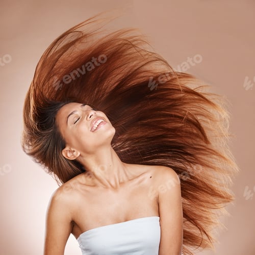 Preview: Hair care, wellness and woman in studio with salon, keratin or botox health hair treatment. Cosmeti