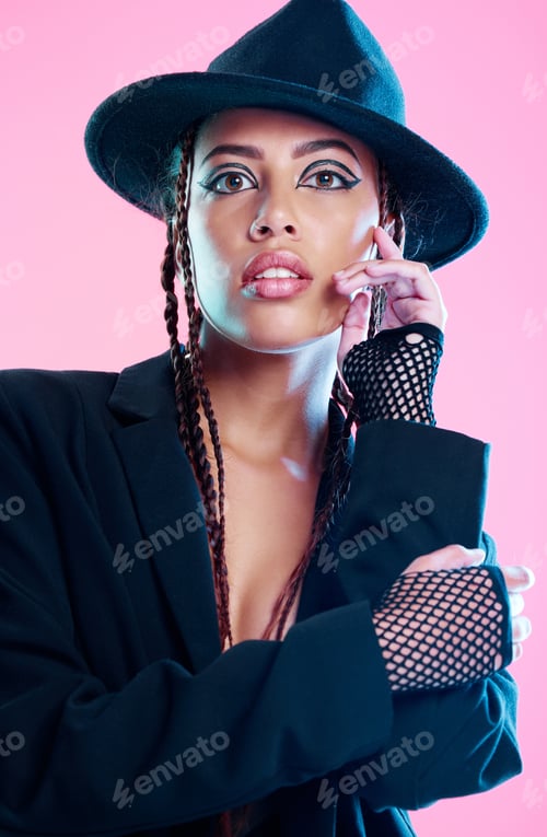 Preview: Portrait, fashion and woman with heavy metal outfit, confidence and lady against a pink studio back