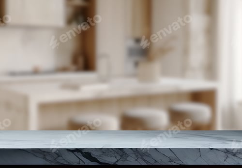 Preview: Empty marble top table with blurred kitchen interior Background. for product display.