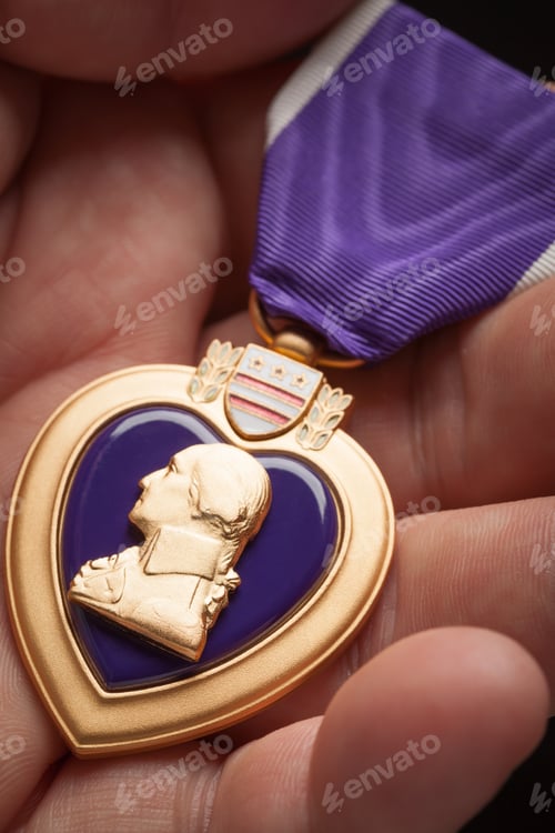 Preview: Male Hand Holding the Armed Forces Purple Heart Metal