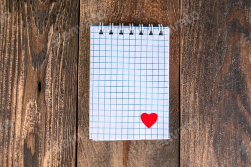 Preview: Notepad in cage, with small heart in lower corner lies on wooden table.