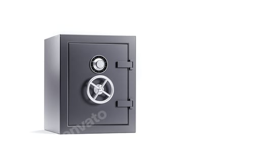 Preview: Metallic safe deposit box with code lock on white isolated background