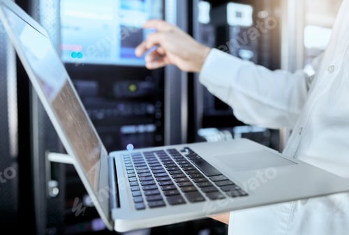 Preview: Server room, network and laptop with businessman in data center for engineering, technology and clo