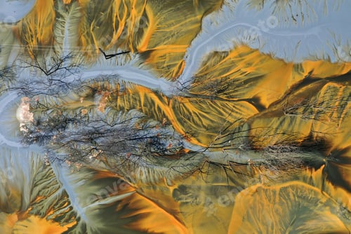 Preview: Abstract natural colorful patterns of acid mine drainage in decanting lake aerial view