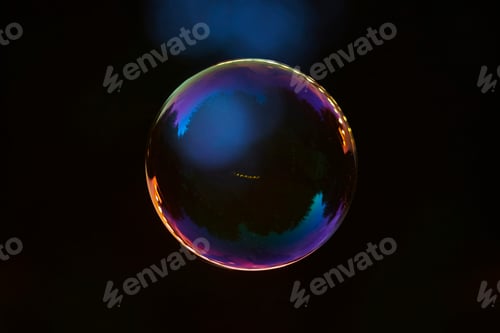 Preview: Closeup shot of a floating soap bubble with dark blue background