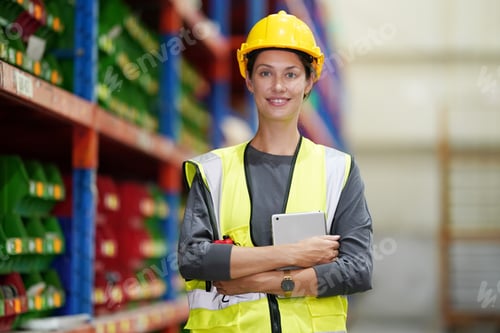 Preview: Warehouse Industrial supply chain and Logistics Companies inside. Warehouse workers checking the inv