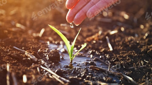 Preview: Closeup of farmer's hand watering corn seedling in field