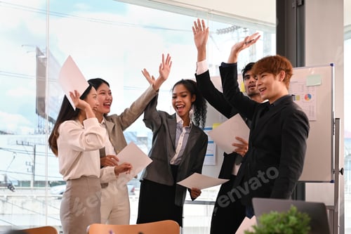Preview: Happy business people celebrating successful negotiations, corporate success, complete finish job.