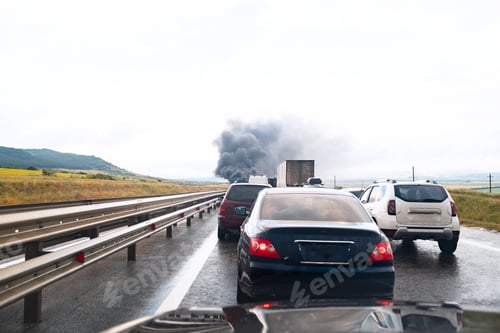 Preview: Car crash accident on a highway with damaged automobiles and smoke