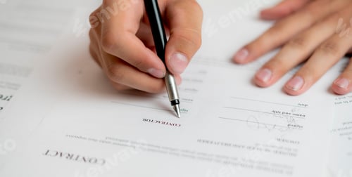 Preview: a person's hand holding a pen and sign the document contract in office, agreement success concept w