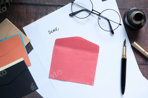 Preview: envelope , empty paper and fountain pen on table