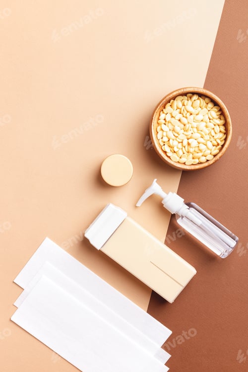 Preview: Depilation, epilation, hair removal tools on beige-brown background.