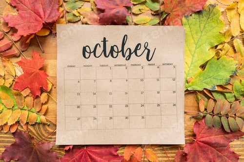 Preview: Overview of October calendar sheet and group of colorful autumn leaves