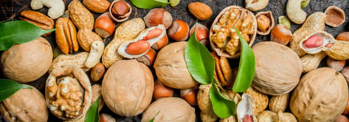Preview: Nuts background. Different kind of nuts with green leaves.