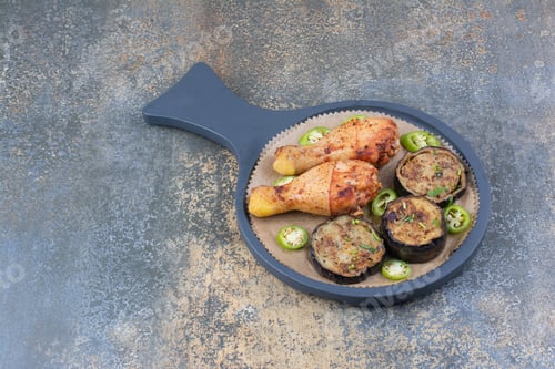 Preview: Grilled chicken legs with fried vegetables on dark board