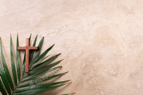 Preview: Palm Sunday concept. Wooden cross over palm leaves. Reminder of Jesus sacrifice and Christ