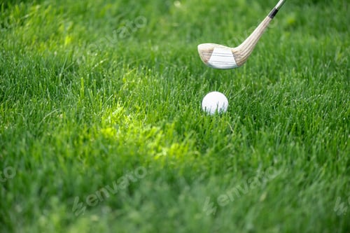Preview: close up view of white golf ball and club on green lawn