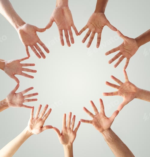 Vista previa: All for one and one for all. Low angle shot of hands in a circle forming a circle.