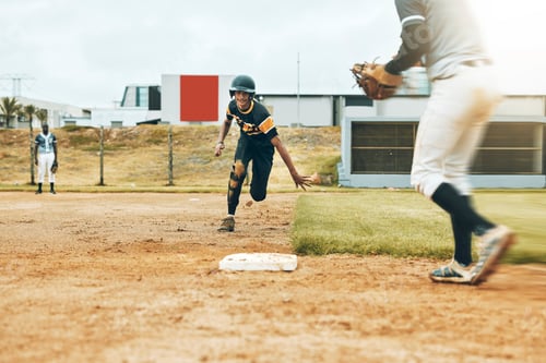 Preview: Baseball, player and running on field for plate in game, match or contest. Baseball player, team an