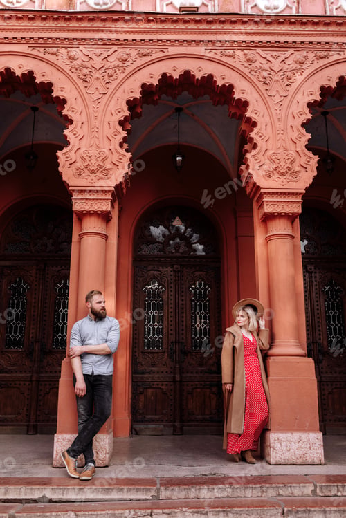 Preview: young modern stylish couple urban city outdoors. stylish young couple walking in the city.