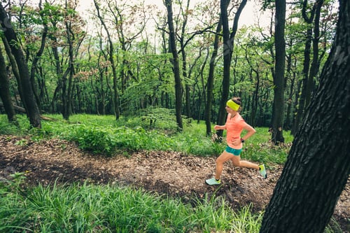Preview: Young woman trail running in mountains on forest trail, sunny da