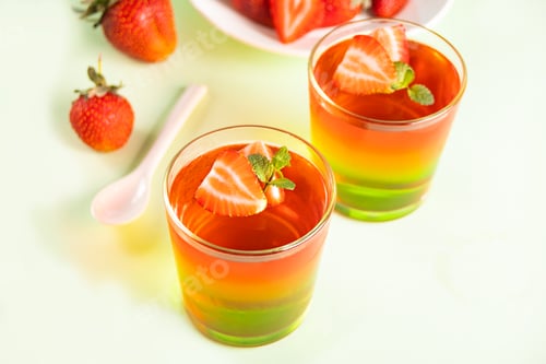 Preview: Glasses of tasty summer dessert layered colorful jelly with fresh strawberries