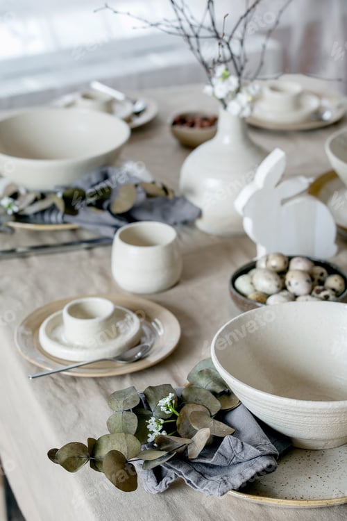 Preview: Easter dinner table setting with ceramic tableware