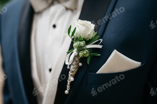 Preview: Smartly dressed person at wedding wearing a suit and a coordinating bow tie with flowers in a pocket
