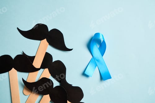 Preview: Mustaches on blue background. Prostate cancer awareness month and men health