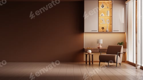 Preview: Living room interior in brown mocha mousse color with brown armchair and decor- 3D rendering