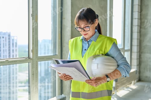 Preview: Technical profession woman in protective vest holding helmet working on construction