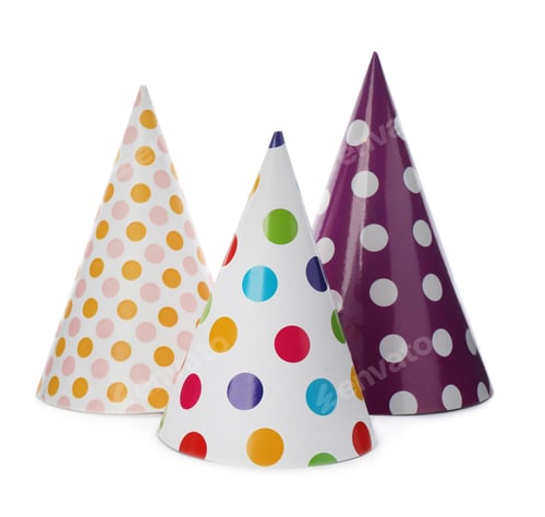 Preview: Bright party hats on white background. Festive accessory