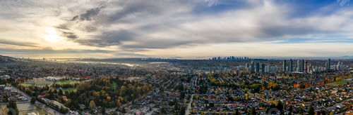 Preview: Aerial Panorama Of Burnaby And Greater Vancouver Skyline At Sunset Over Suburban And Urban Areas