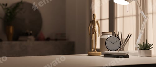 Preview: Home workspace tabletop closeup with copy space and decor over blurred room background