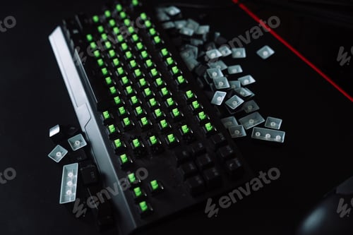 Preview: Gaming keyboard with keycaps removed and green switches