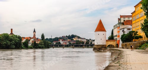 Preview: Panoramic view Schaibling Tower and promenade on river Inn, Passau, Lower Bavaria, Germany