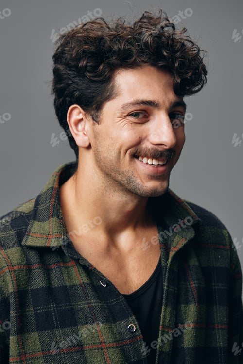 Preview: Man portrait hipster trendy copyspace studio hispanic white face lifestyle fashion shirt handsome