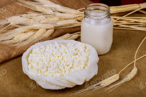 Preview: Shavuot kosher food fresh dairy products milk, cottage cheese wheat harvest festival