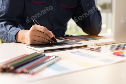 Preview: Close up interior design and renovation working with color samples for selection.