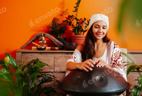 Preview: Beautiful young woman in white turban playing handpan musical instrument. Sound healing concept.