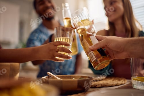 Preview: Close up of friends celebrating and toasting during lunch party at home.
