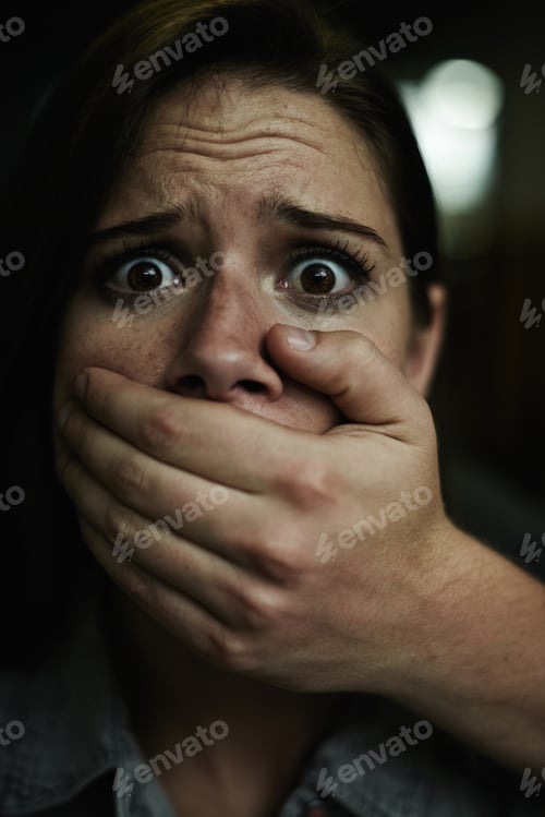 Preview: Help me...PLEASE. A terrified young woman held captive by a man with his hand over her mouth.