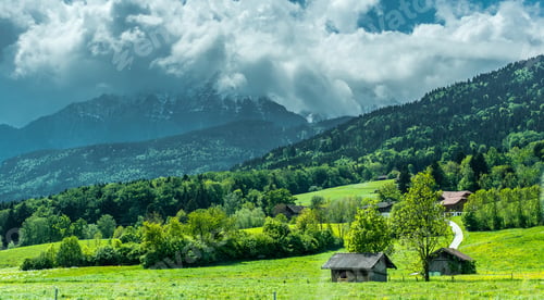 Preview: wonderful landscape with village in mountains