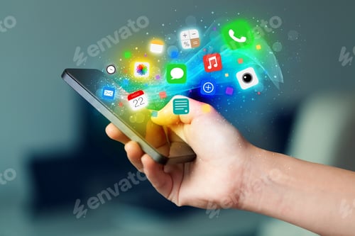 Preview: Hand Holding Smartphone With Colorful App Icons Concept