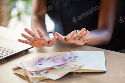 Preview: Cash, budget and woman hands, saving money or planning with laptop for counting. Female fingers, fi