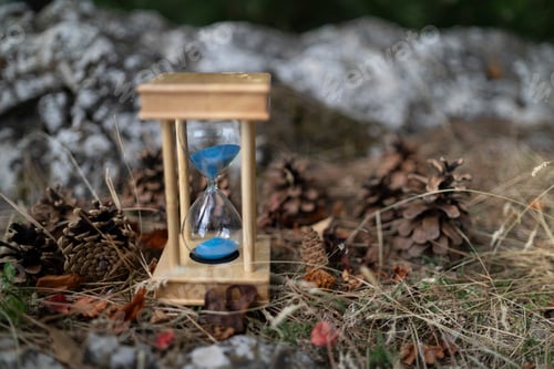 Preview: Closeup shot of an hourglass with cones in the winter
