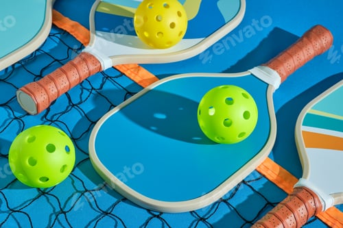 Preview: pickleball paddles with balls on top of a net on a blue background illuminated with hard light