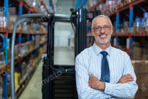 Preview: Supervisor standing in bright warehouse near idling forklift and racks stocking boxes and pallets