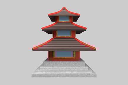 Preview: Red, gray, and blue pagoda on a stone pedestal.