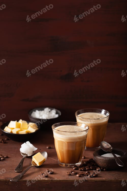 Preview: bulletproof coffee, keto paleo drink blended with butter and coc